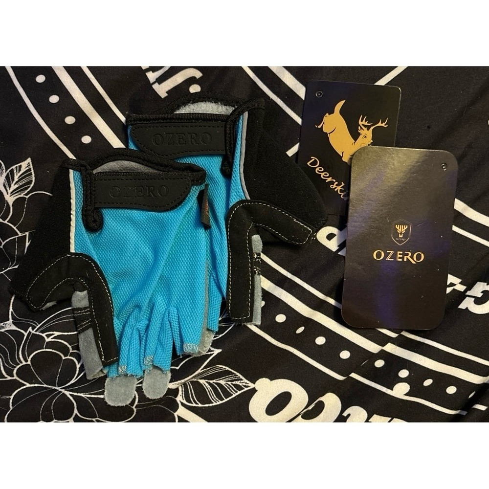 NEW Ozero Deerskin Suede Blue & Black Fingerless‎ Cycling Gloves, Small